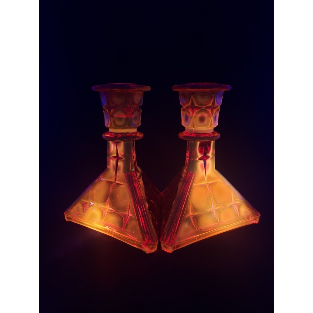 Vtg Indiana Glass Tiara Sunset Candlesticks Constellation Pattern #300 Amberina